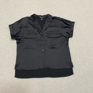Rachel Zoe Black Satin Button-Down Shirt Sz M Short Sleeve